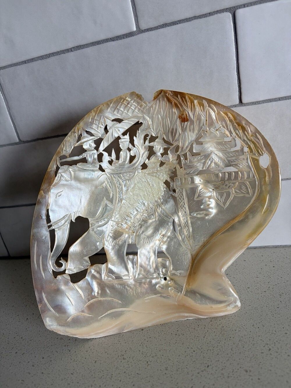 HUGE VERY RARE ANTIQUE HAND CARVED THAI MOTHER OF PEARL Original Stand Intact